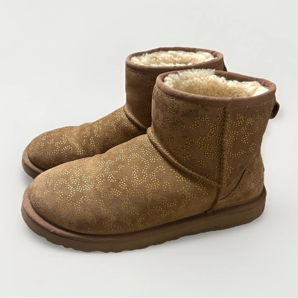 UGG Boots Classic Mini Metallic Conifer Chestnut Suede Glitter Sparkle Sz 9